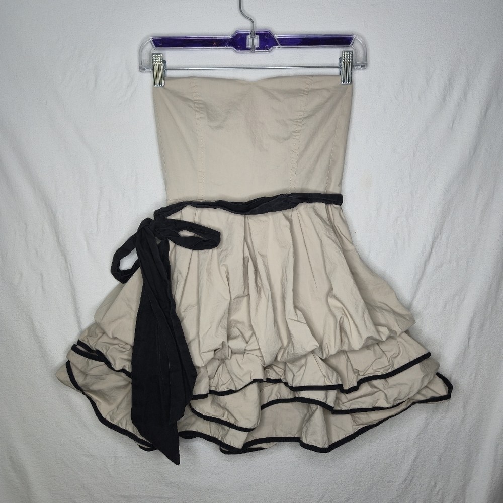 UK2LA Tan Strapless Dress With Black Tie Belt And Ruffles Size Small